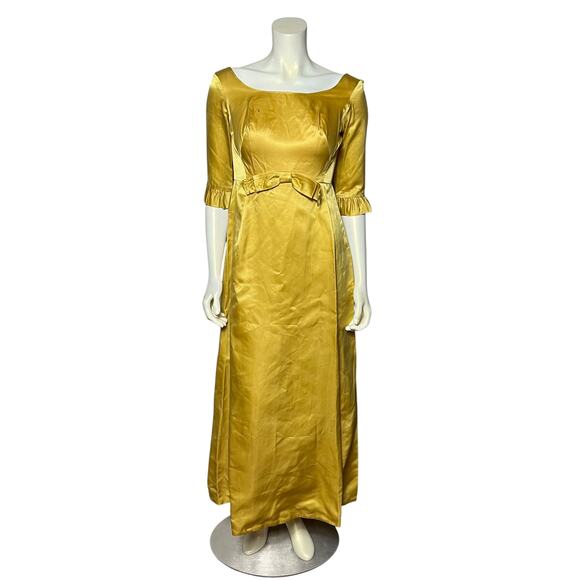 Vintage 1960s Gold Satin Evening Gown with Bow Detail - Union Label Party Dress - Picture 1 of 7